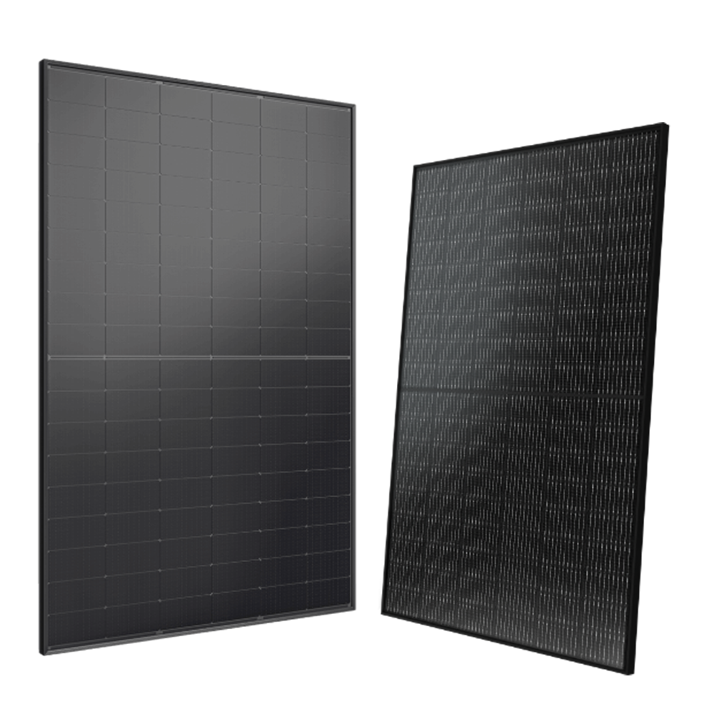 Image of a Jinko solar panel and a Solarwatt solar panel with sleek black designs, suitable for domestic and commercial solar installations.